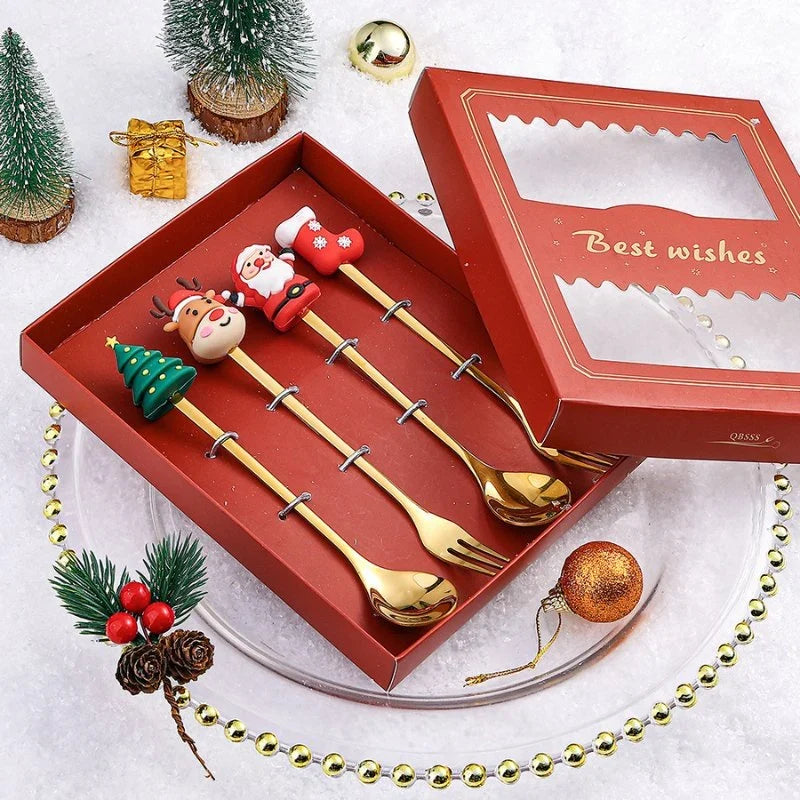 vierdelige decoratieve kerstbestekset van roestvrij staal