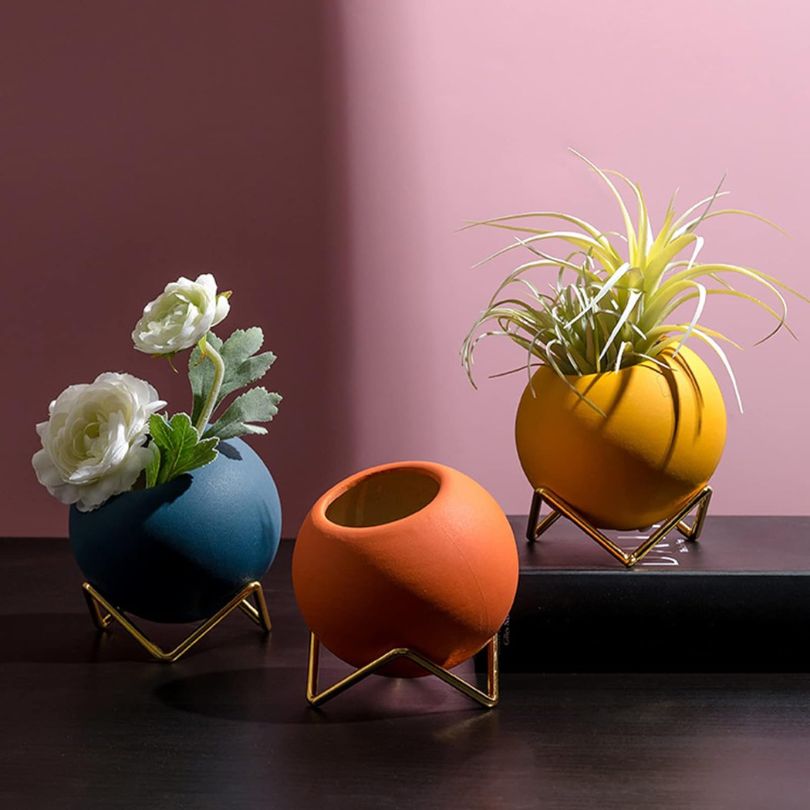 keramische plantenpot met metalen standaard nordic stijl 10,5 cm