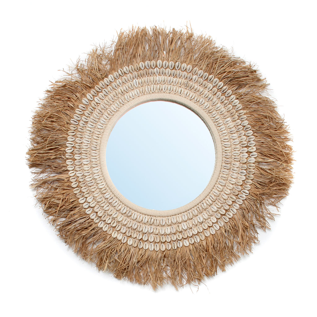 de raffia cowrie spiegel - naturel wit