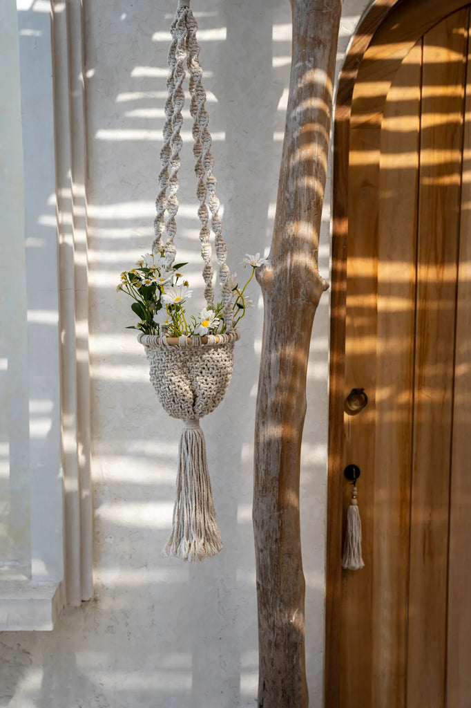 de twisted macrame planthanger - naturel wit - m