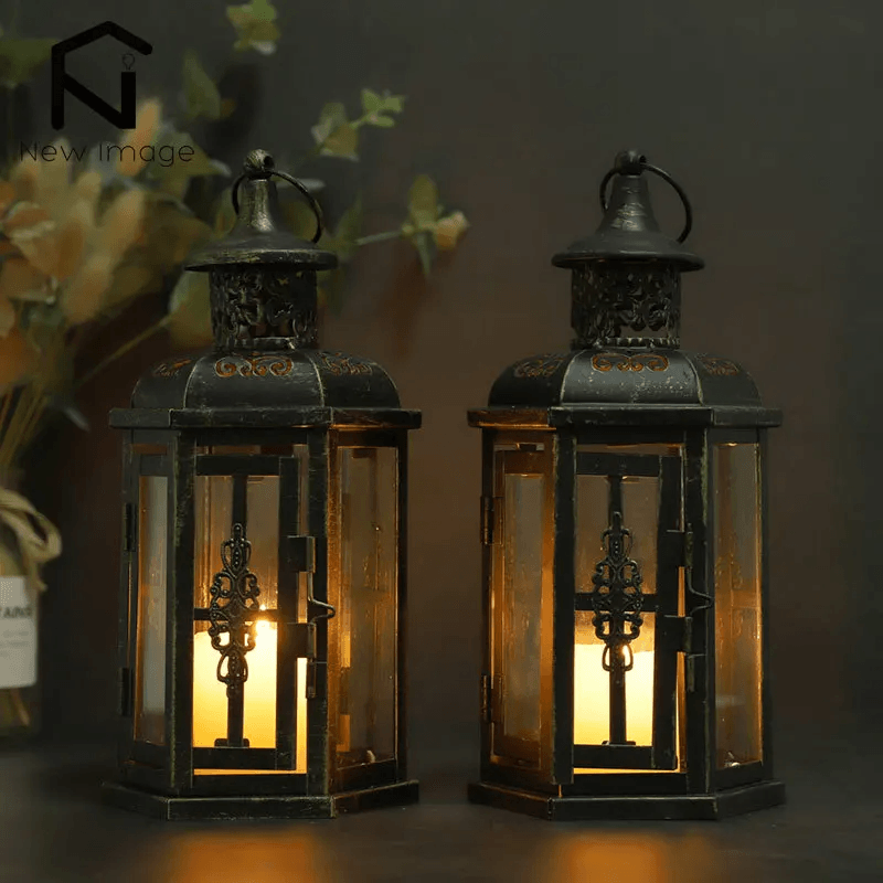 kandelaar lantaarn zwart metaal en glas decoratieve houder 25 cm
