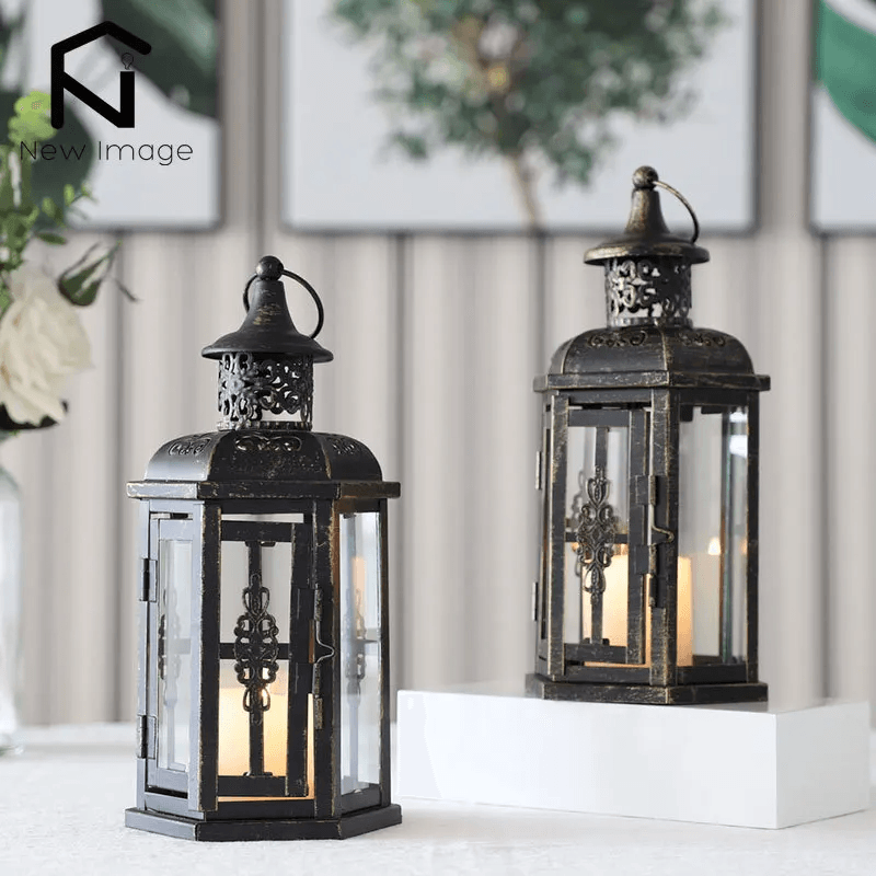 kandelaar lantaarn zwart metaal en glas decoratieve houder 25 cm