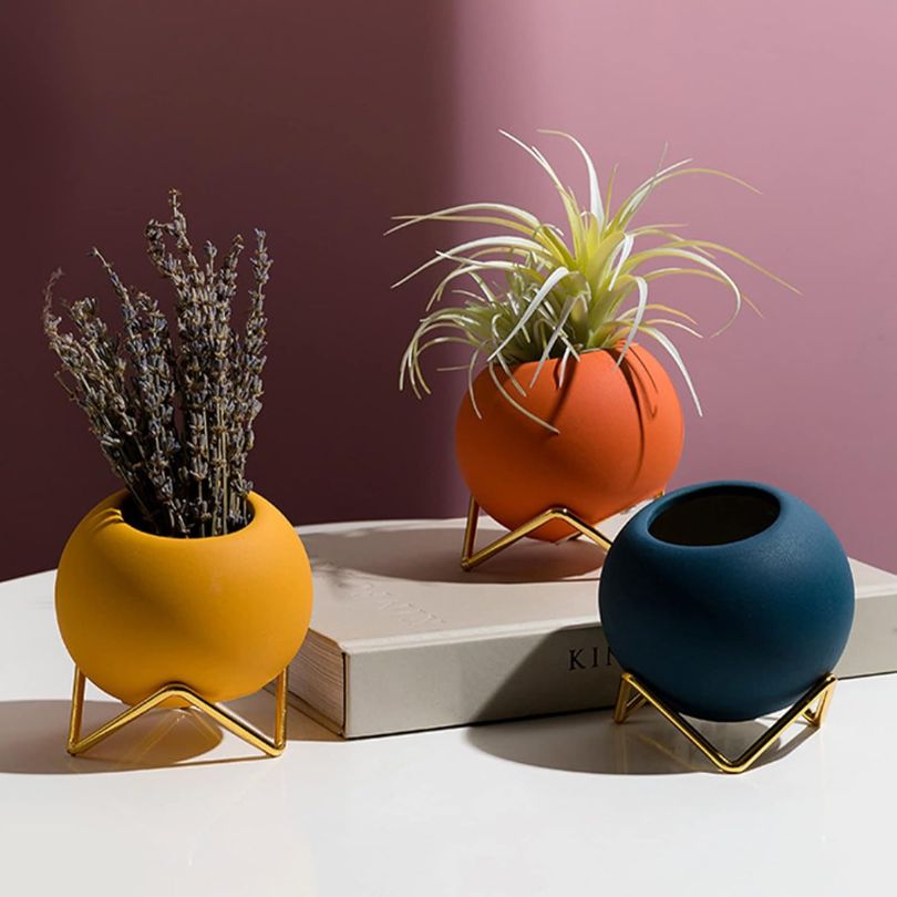 keramische plantenpot met metalen standaard nordic stijl 10,5 cm