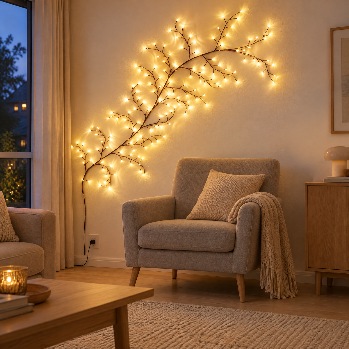 Decoratieve LED-lichtboom aan de muur als sfeervolle binnenverlichting