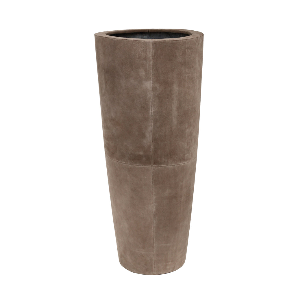 omar beige metalen pot met suède leren hoes rond.