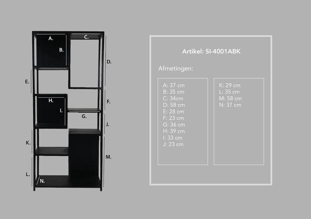 open vakkenkast levels - 78x35x178 - zwart - mangohout/ijzer