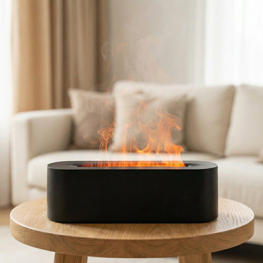 Ultrasone aroma diffuser met warm vlameffect op een tafel
