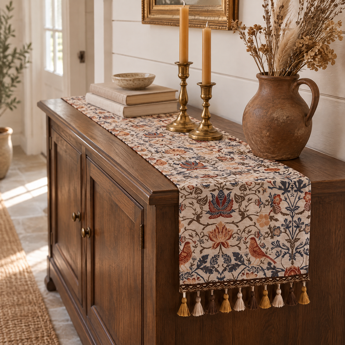 jacquard tafelloper met bloemmotief en decoratieve kwastjes