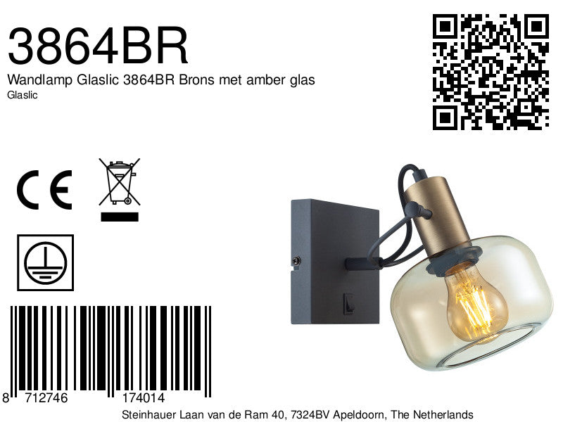 wandlamp glaslic 3864br brons met amber glas