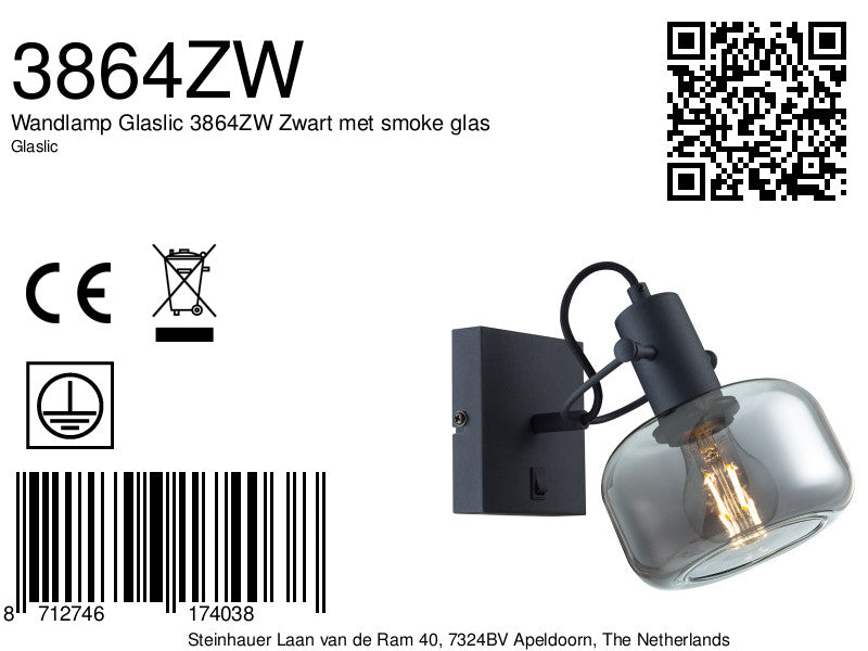 wandlamp glaslic 3864zw zwart met smoke glas