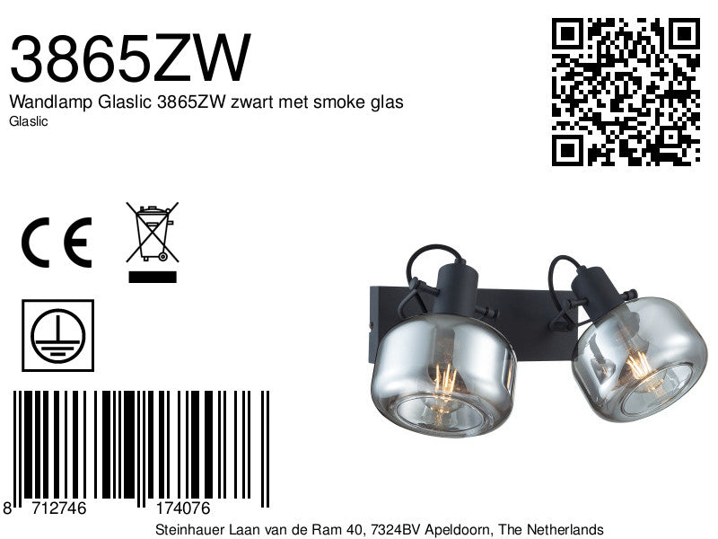 wandlamp glaslic 3865zw zwart met smoke glas