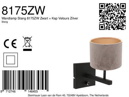 Wandlamp Stang 8175ZW Zwart + Kap Velours Zilver