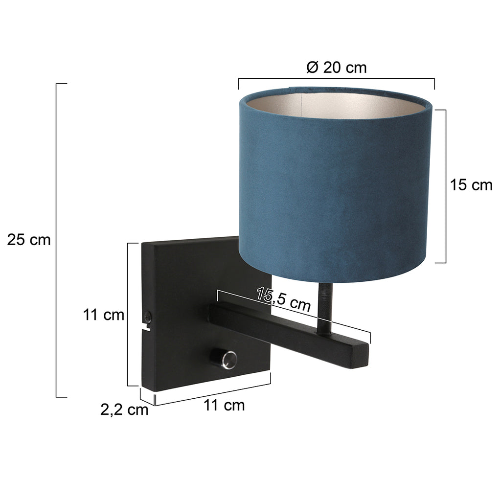 wandlamp stang 8251zw zwart + kap velours blauw