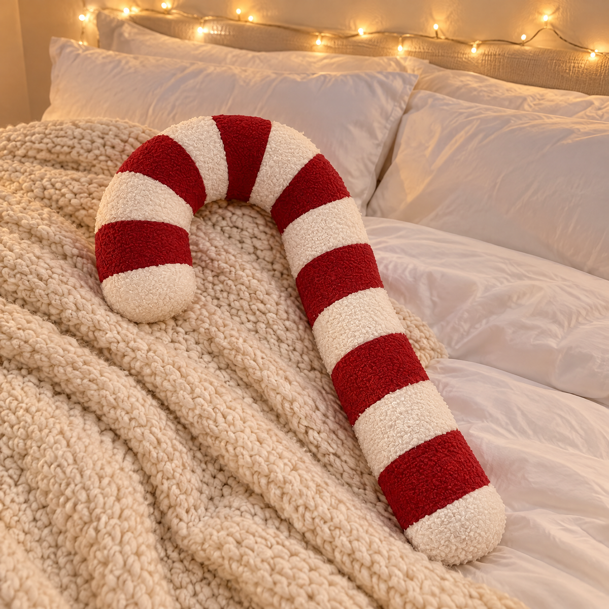 rood pluche kerstkussen in de vorm van een zuurstok