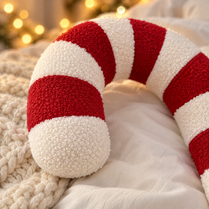 Roze pluche kerstkussen in zuurstokvorm op een bed