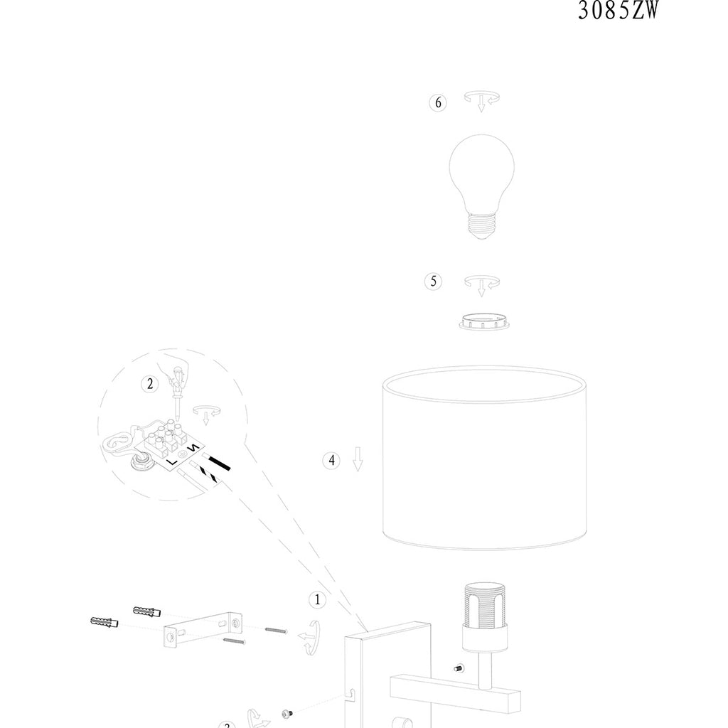 zwarte wandlamp stang 3709zw met draai schakelaar en naturel zwart bamboe kap