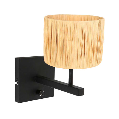 Zwarte wandlamp Stang 3710ZW met schakelaar en naturelkleurig gras kap