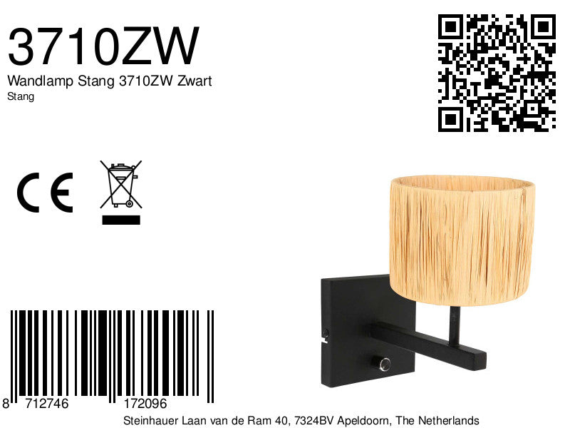 zwarte wandlamp stang 3710zw met schakelaar en naturelkleurig gras kap