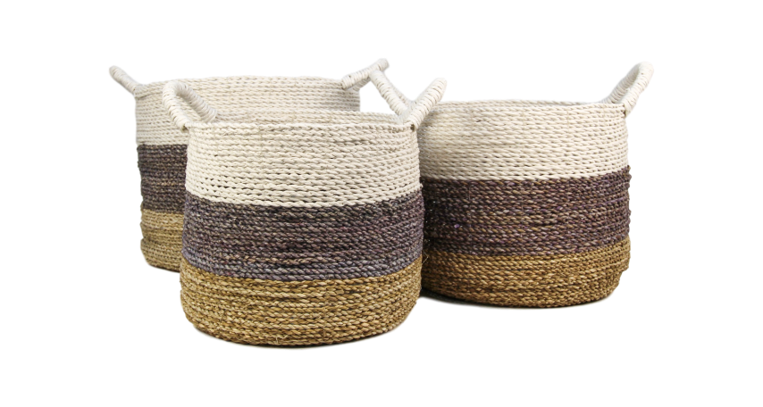 mandenset malibu - naturel/paars/wit - raffia/zeegras - set van 3