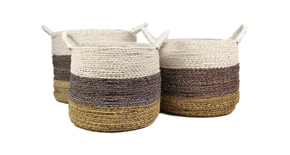 Mandenset Malibu - naturel/paars/wit - raffia/zeegras - set van 3