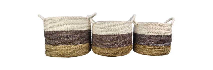 mandenset malibu - naturel/paars/wit - raffia/zeegras - set van 3