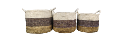 Mandenset Malibu - naturel/paars/wit - raffia/zeegras - set van 3