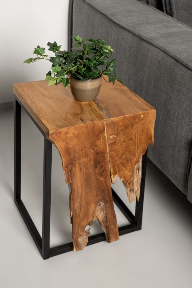 small flower table - 35x35x50 - naturel/zwart - teakhout/ijzer